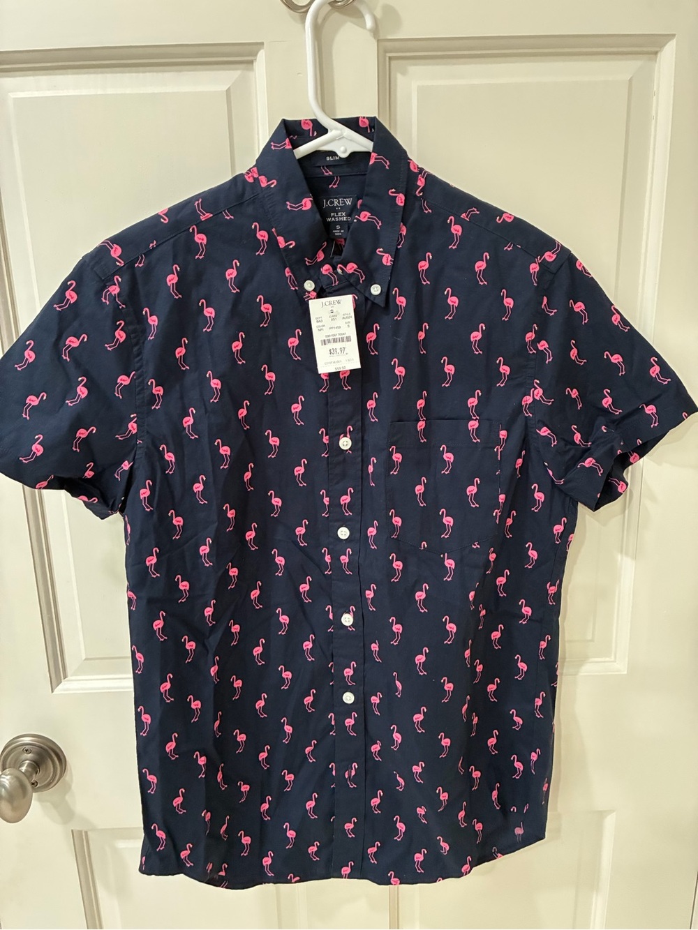 J. Crew Navy Button-Up Shirt with Pink Flamingo Print kids Size S